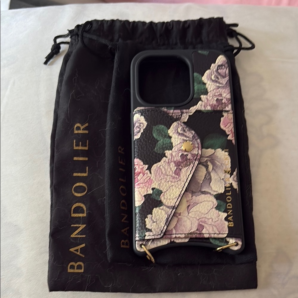 Bandolier Black and Pink Designer iPhone 15 Case, strap and air pod pro case